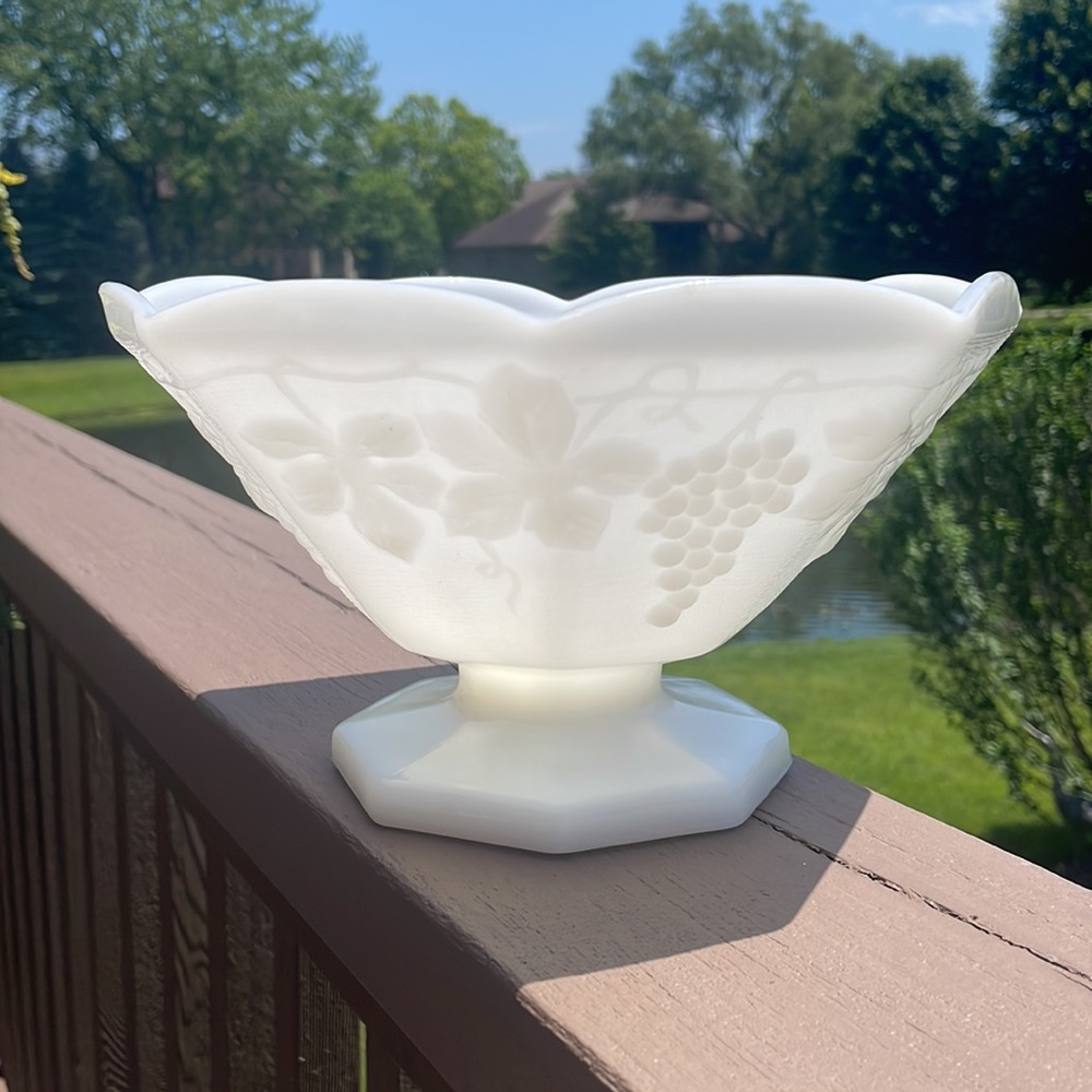Vintage Anchor Hocking Milk Glass Pedestal Footed Bowl Compote Grape and Leaf